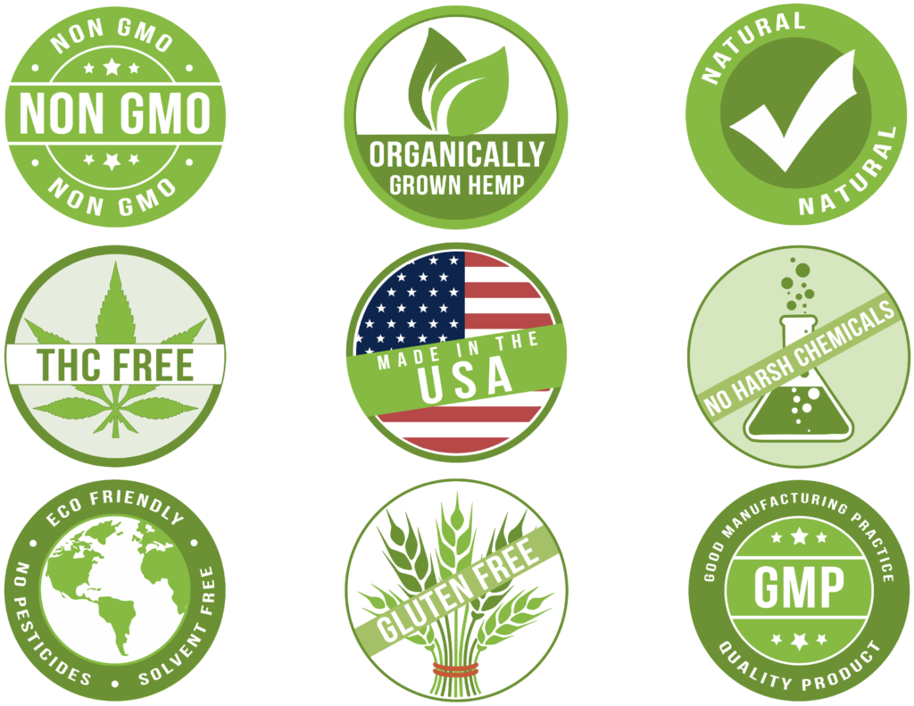 Non GMO, Made in USA, THC free, GMP Certified